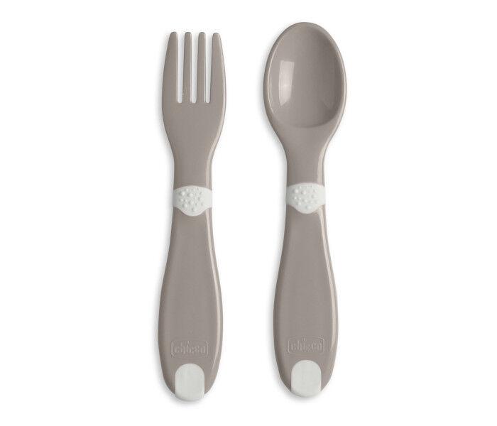 Chicco Set viljuška i kašika za bebe, 12m+, Sivi