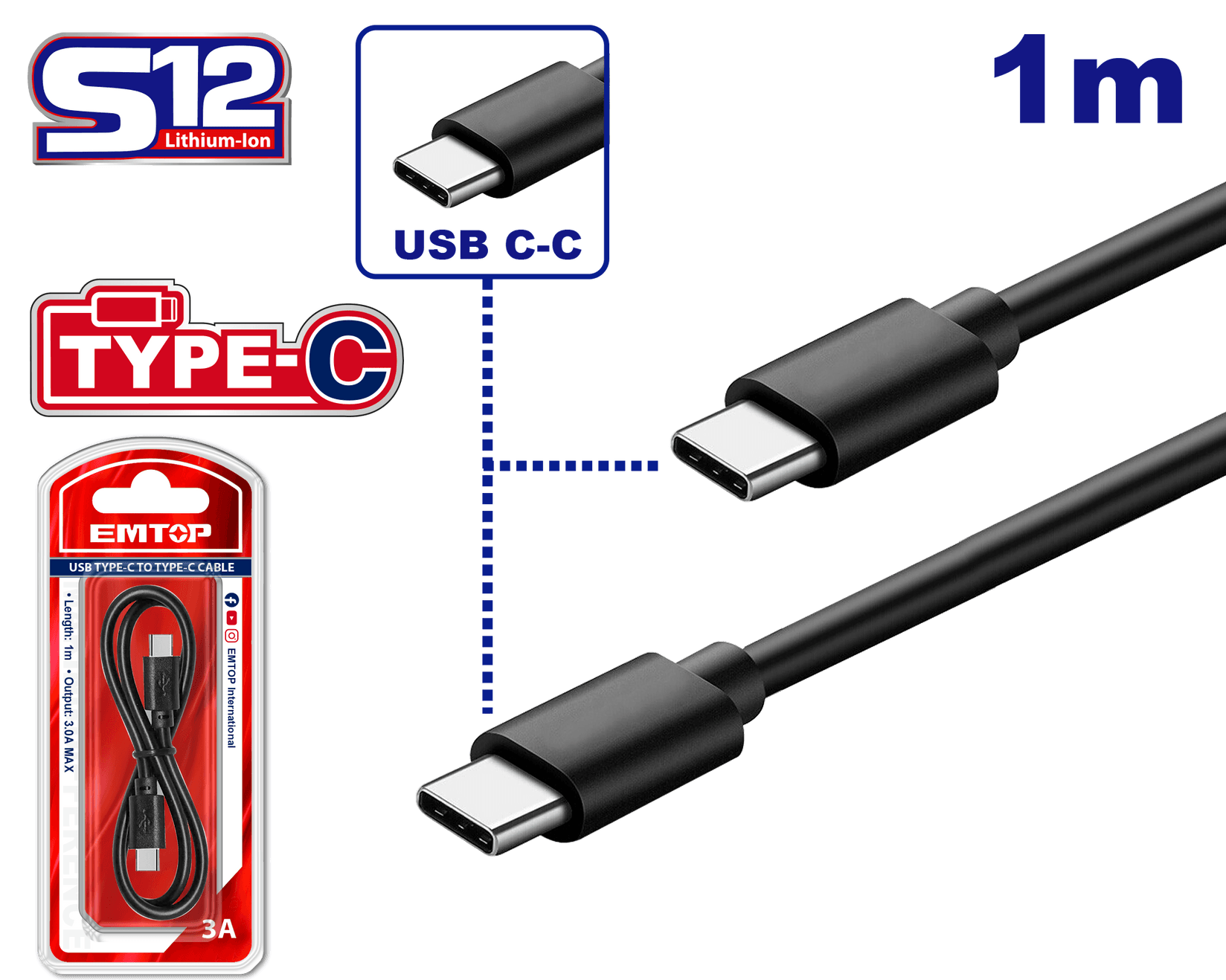 Emtop USB Kabal Tip C EUCC002, Crni