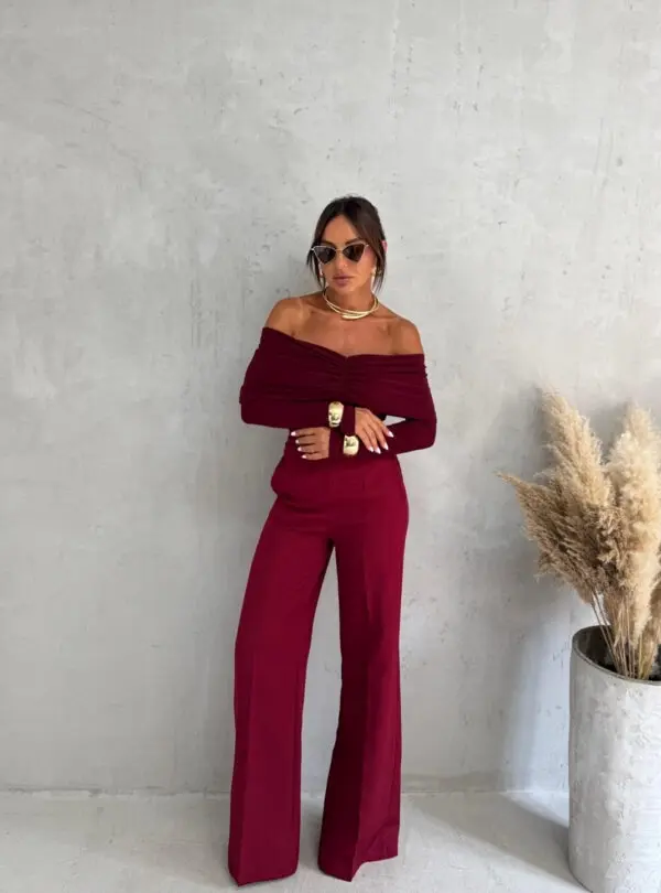 Blondy Ingrid Burgundy Zvonaste Pantalone Visokog Struka