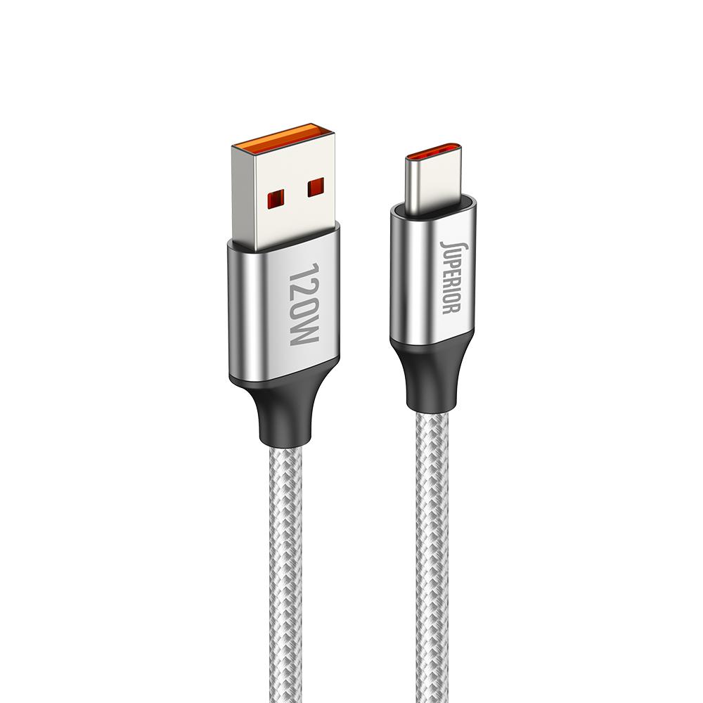 SUPERIOR USB podatkovni kabel SU-K100, Pleteni, Brzi, 120W, 6A, Tip C, 1m, Srebrni