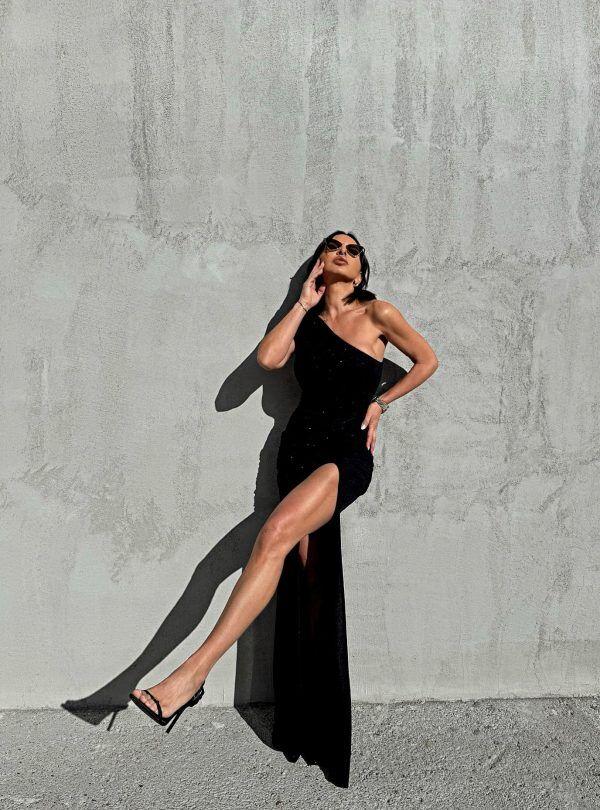 Blondy Faith Black Asimetrična Svetlucava Haljina, Crna