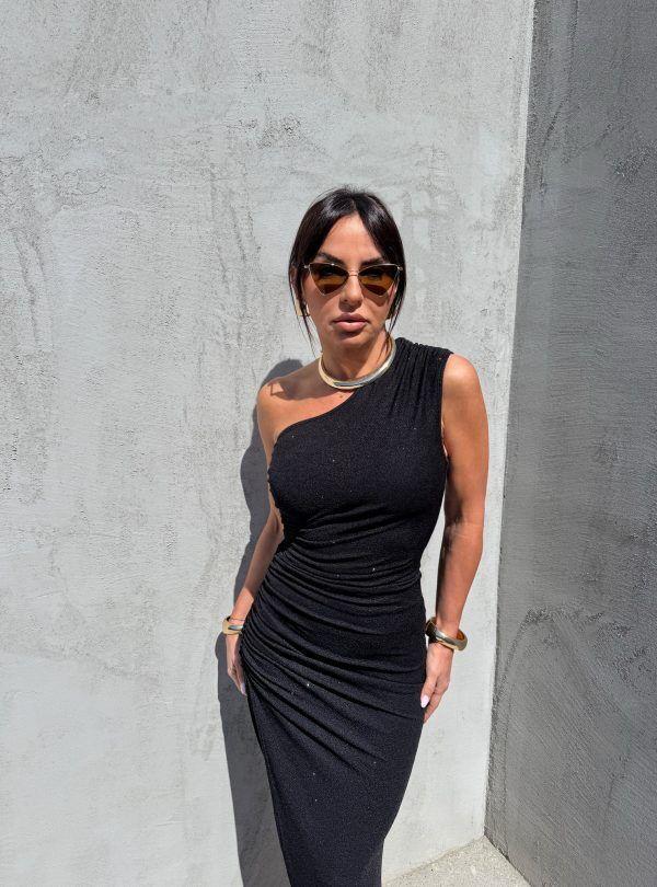 Blondy Molly Black Duga Svetlucava Asimetrična Haljina, Crna