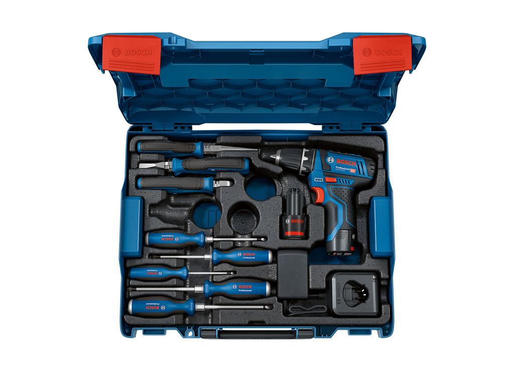 Bosch Set PRO Akumulatorska bušilica-odvijač GSR 12V-15, 2x 2.0Ah, Set ručnih alata 060186810R