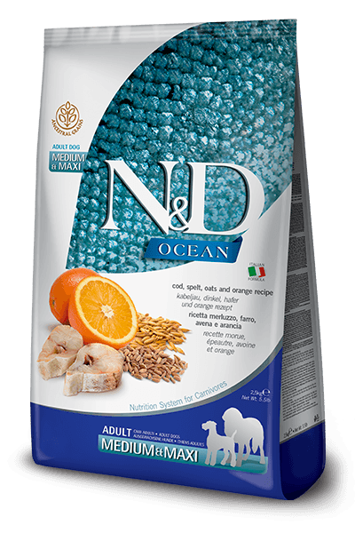 N&D Ocean Medium&Maxi Adult 12kg. - bakalar, spelta, ovas i pomorandža