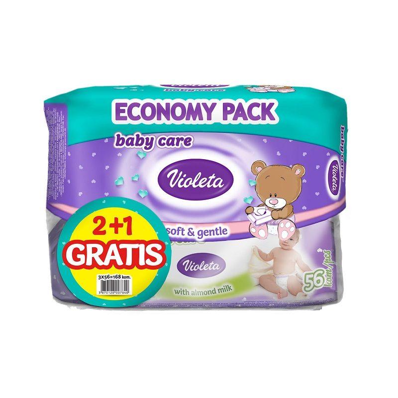 Violeta Baby vlažne maramice 56, s organskim bademovim mlijekom, 2 + 1 Gratis