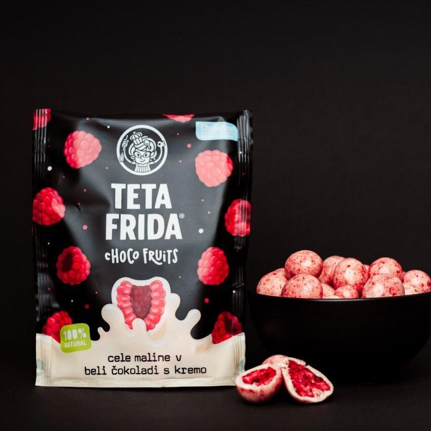 Teta Frida choco fruits cijele maline u bijeloj cok. sa kremom100g