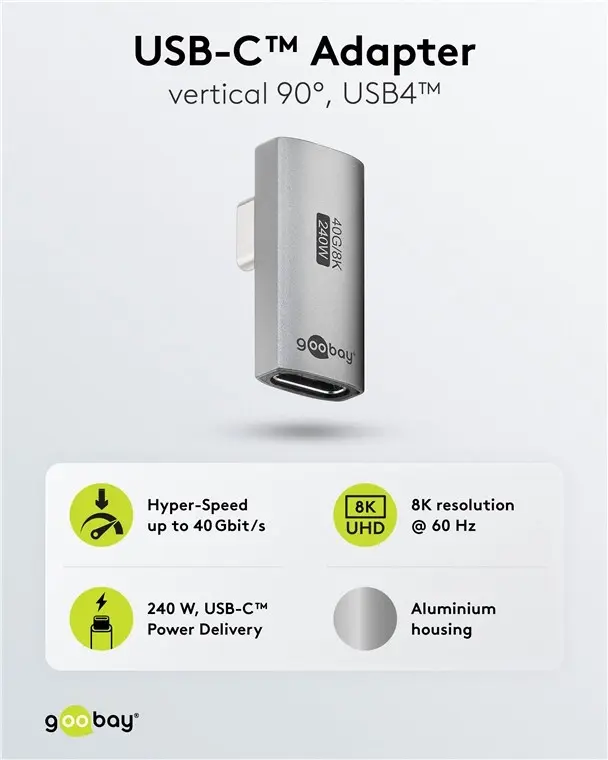 Goobay USB-C™ adapter vertikalno rotiran za 90°USB4™, Srebrna boja