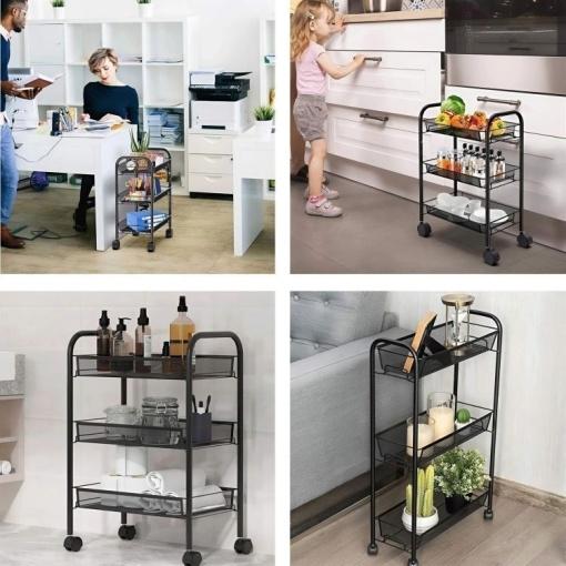 ModernHome Metalna Mobilna Polica Za Kupatilo Sa 3 Nivoa I Točkićima Black