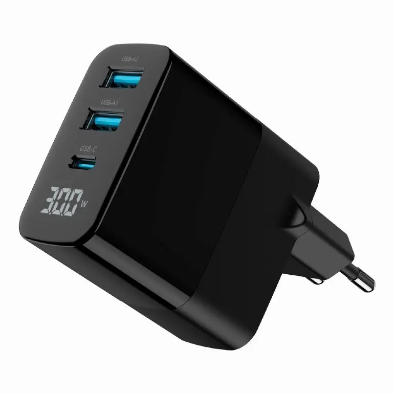 Gembird 3-portni 30W GaN USB brzi punjač​​LCDi, Crna