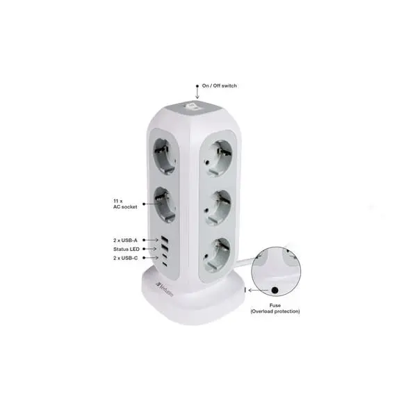 Verbatim Produžni kabl sa 11 utičnica sa USB i USB-C2m Power Tower, Bijela