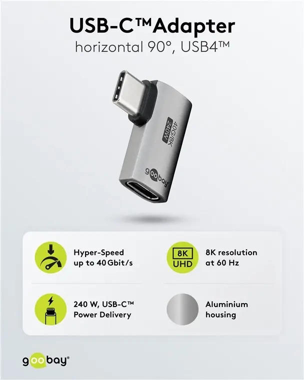 Goobay USB-C™ adapter Horizontalni 90°USB4™, Srebrna boja