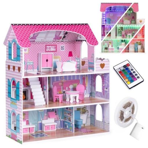 ECO TOYS Drvena kućica za lutke sa LED rasvjetom + set namještaja