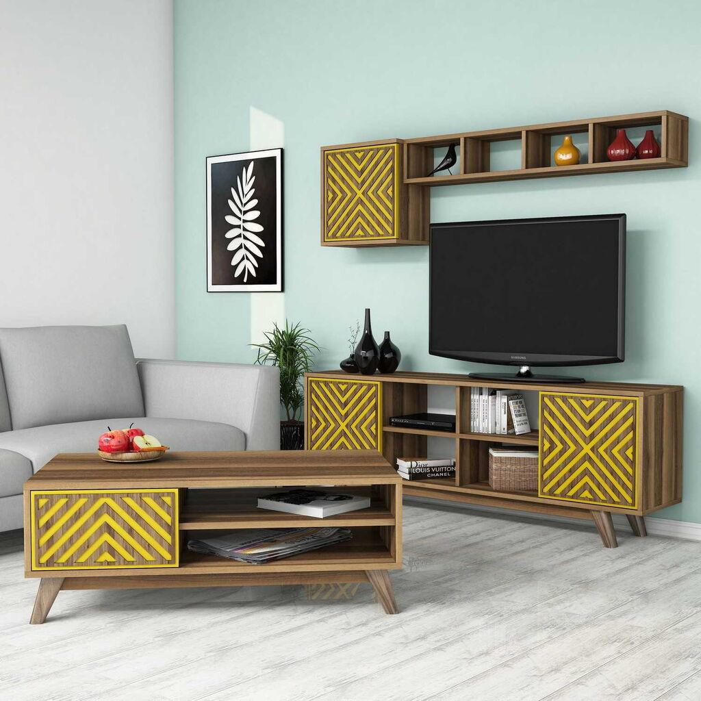 Hanah Home Set TV ormarić i klub stolić Inci, 4 dijela, Orah-žuta
