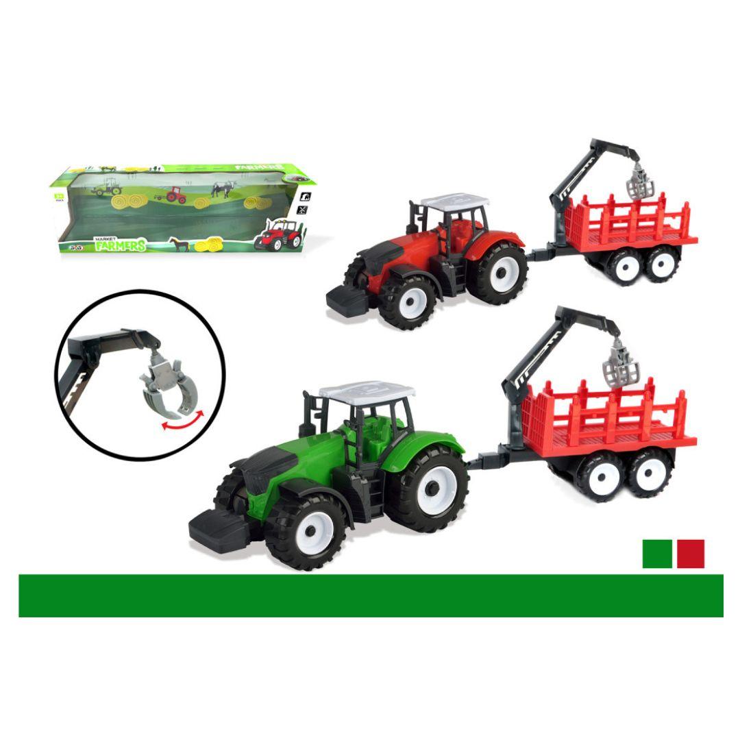 Igračka traktor sa prikolicom za drva+dizalica 0676, Zelena