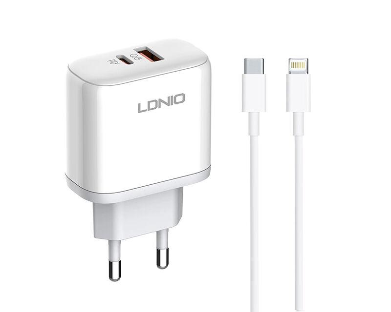 Ldnio A2526C 45W QC4.0 Dual USB-A/USB-C punjač Tip-C na  lightning kabl, Bijeli
