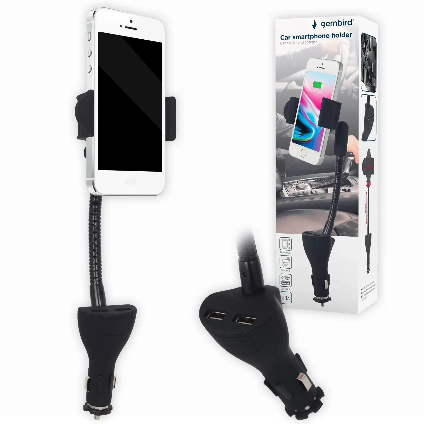 Gembird držač za telefon sa autopunjačem, Crni