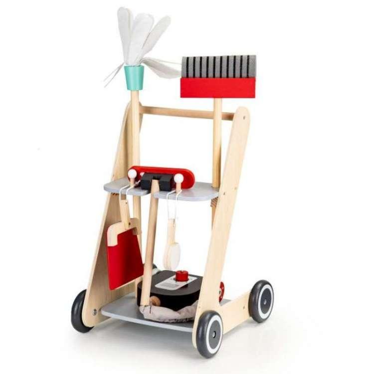 ECO TOYS Drveni set za čišćenje sa kolicima xxl usisivačem