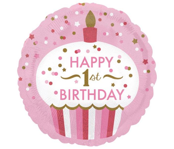 Amscan Klasični balon od folije 1st Birthday Cupcake Girl okrugli 43cm, Roze