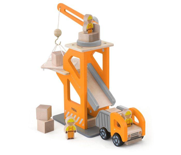 VIGA Komplet za gradilište sa kranom, kamionom, saobraćajnim znakom i 3 figure radnika