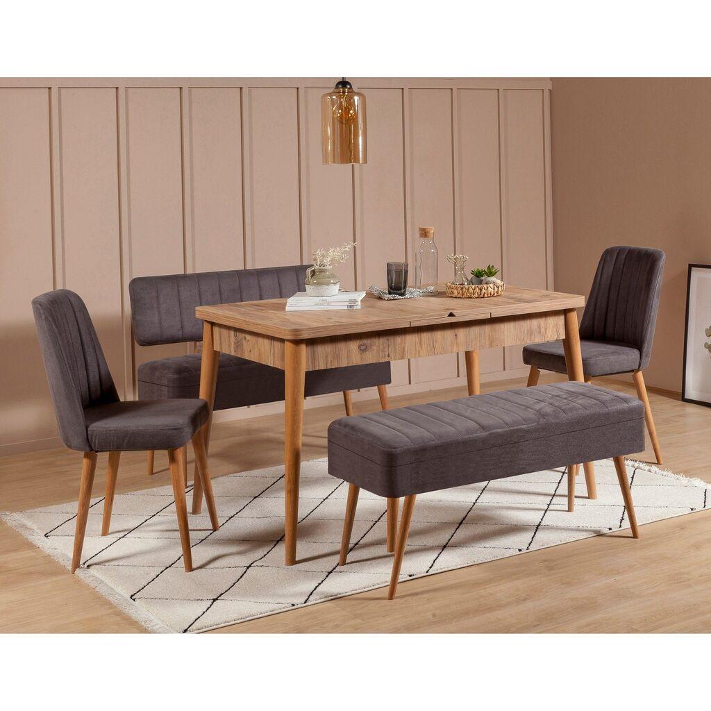 Hanah Home Set trpezarijski sto, 2 trpezarijske stolice i 2 klupe Vina 0701 Bež-Antracit