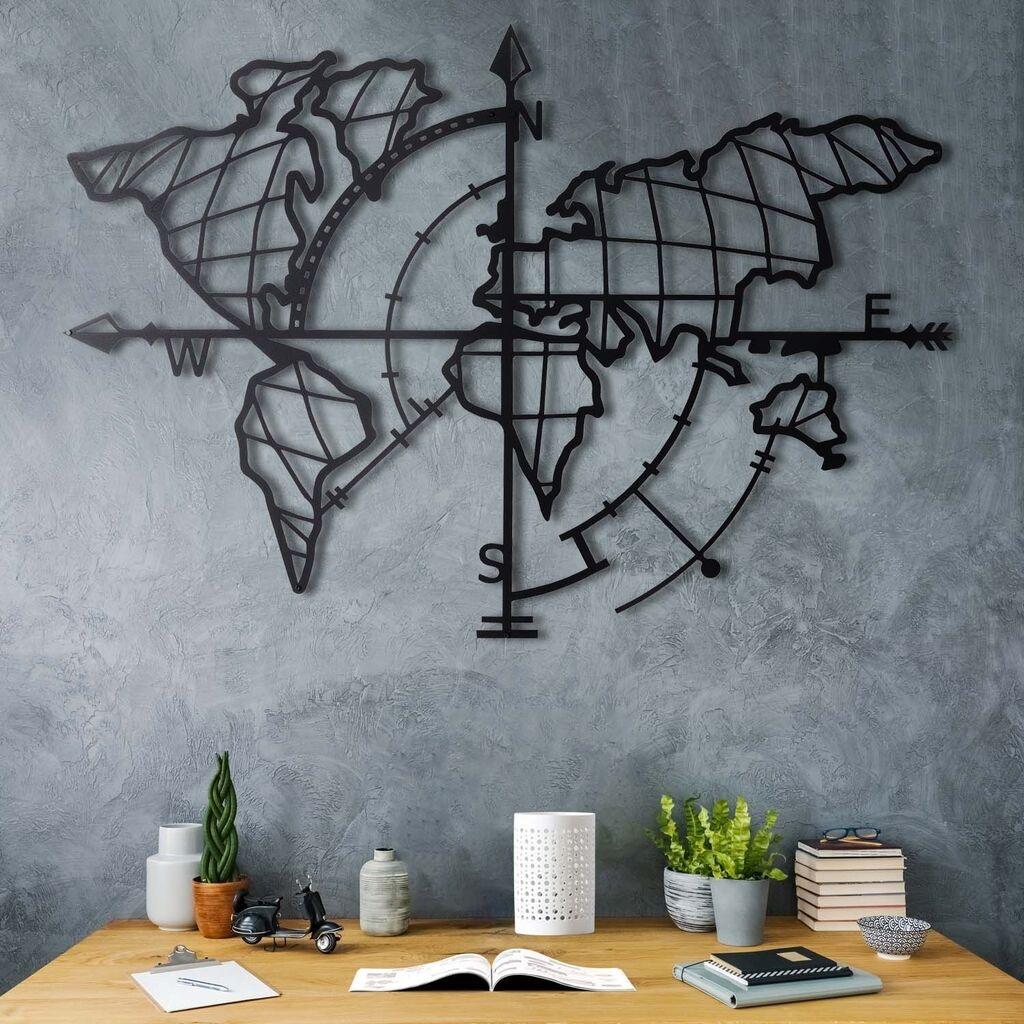 Wallity Zidna dekoracija World Map Compass, 65x95cm, Crna