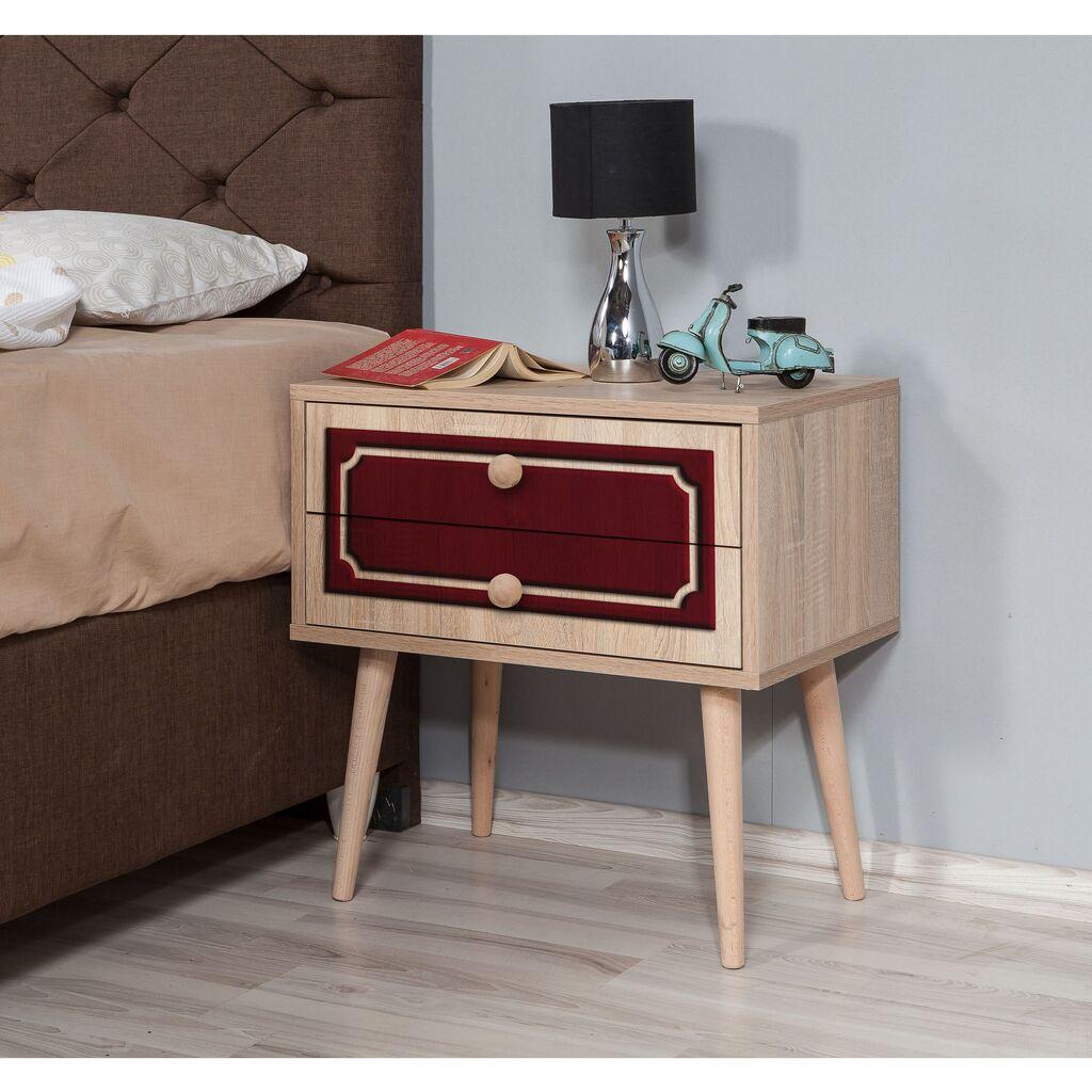 HANAH HOME Two 621 Noćni stočić, 2 fioke, 60x61x40cm, Krem-bordo