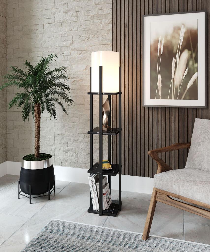 Opviq Podna lampa sa 3 police metal/drvo crna