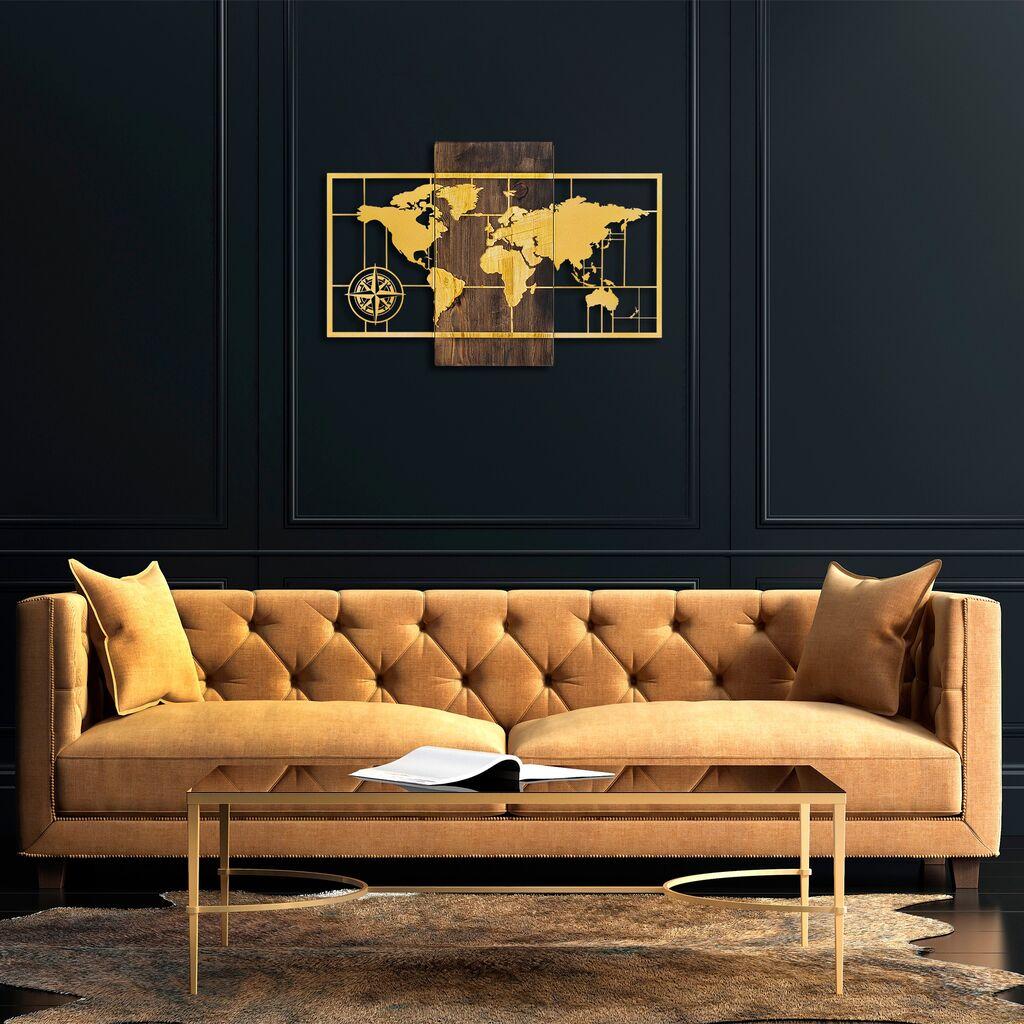Wallity Zidna dekoracija World Map With Compass, 58x85 cm, Zlatne boje