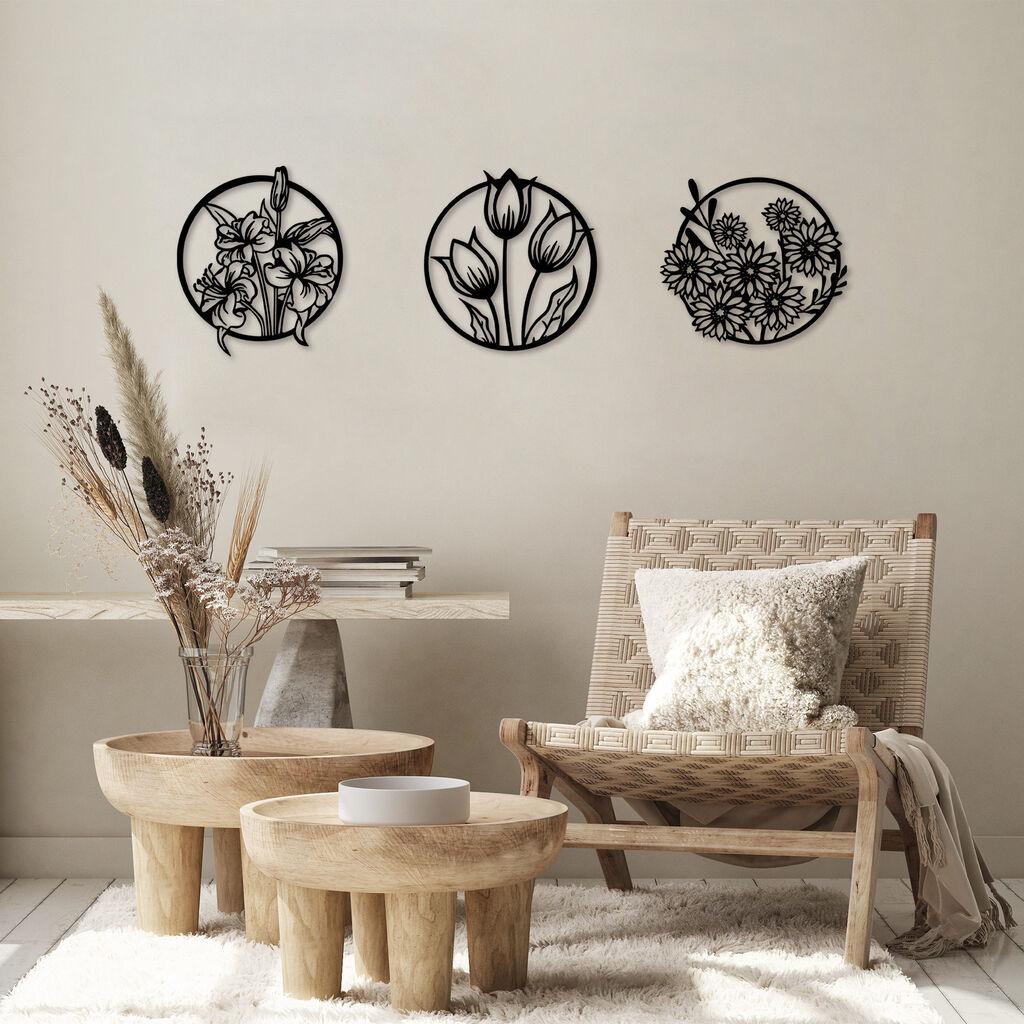 Wallity Set zidnih dekoracija Flowers-274 S, 30x34 cm, 1.5 mm, 3 komada, Crna