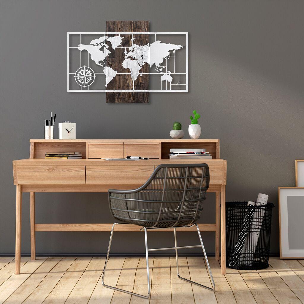 Wallity Zidna dekoracija Mapa svijeta sa kompasom - srebrna, 58 x 85 cm, smeđa