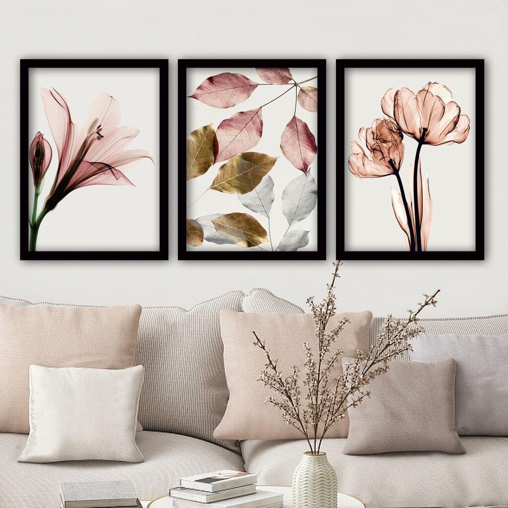 Wallity Tri slike cveća sa ramom 35x45 cm roze