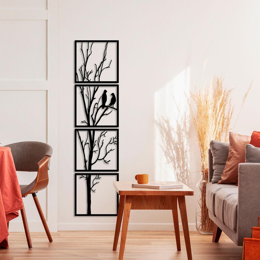 Wallity Set zidnih dekoracija Tree And Birds B, 44x44 cm, 1.5 mm, 4 komada, Crna
