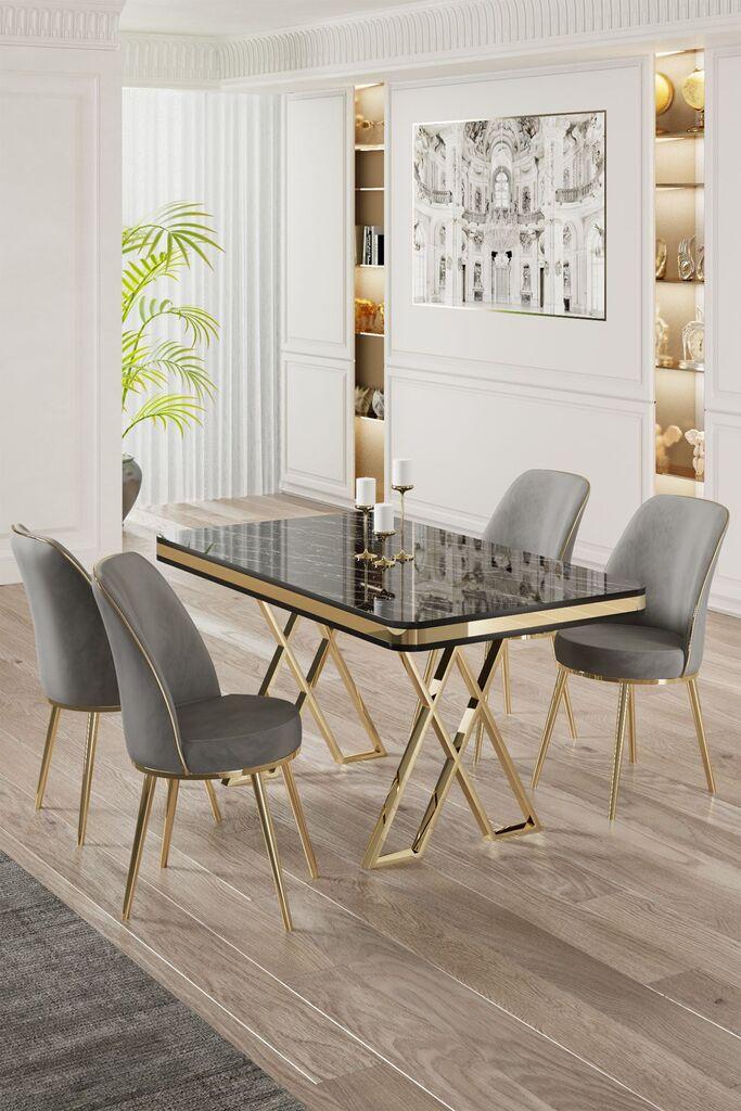 Hanah Home Set Trpezarijski sto i 4 stolice, sivo-crna