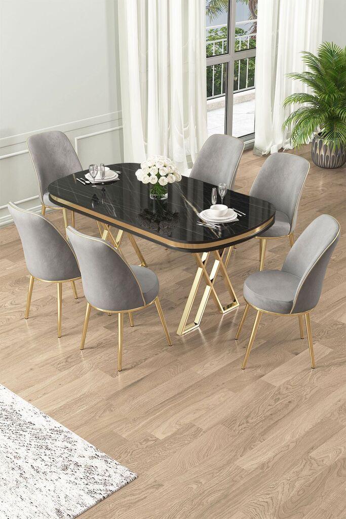 Hanah Home Set Trpezarijski sto i 6 stolica Lai, Sivo-crna