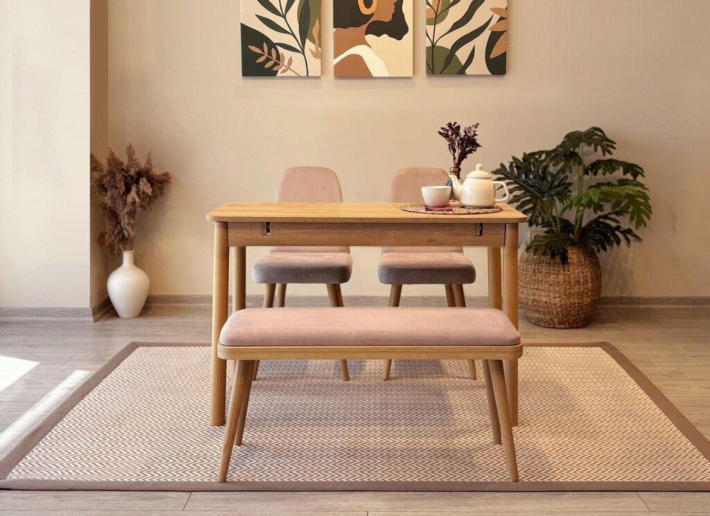 Hanah Home Set Trpezarijski sto, 2 trpezarijske stolice i klupa Vina Mini 01 0900, Roza