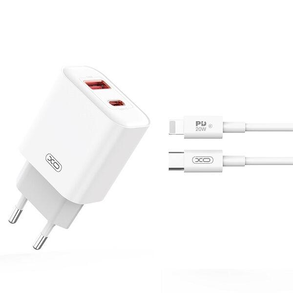 XO Punjač zidni  CE12 PD QC3.0 20W 1x USB 1x USB-C white + USB-C - Lightning cable GSM172932
