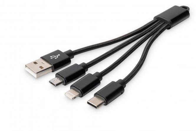 Digitus Kabl 3 u 1, 0.15m (lighting+ micro + Type-C) crni