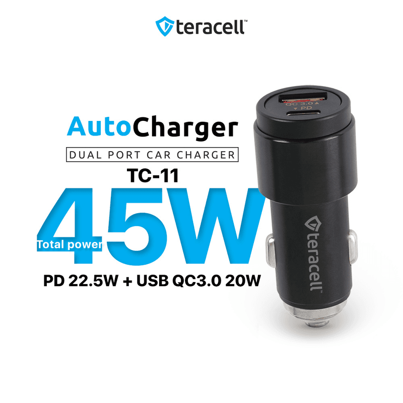 Teracell TC-11 Auto punjač, DLS C02-PD/A+C, 42W PD+QC, 45W, Lightning/iPhone, Crni