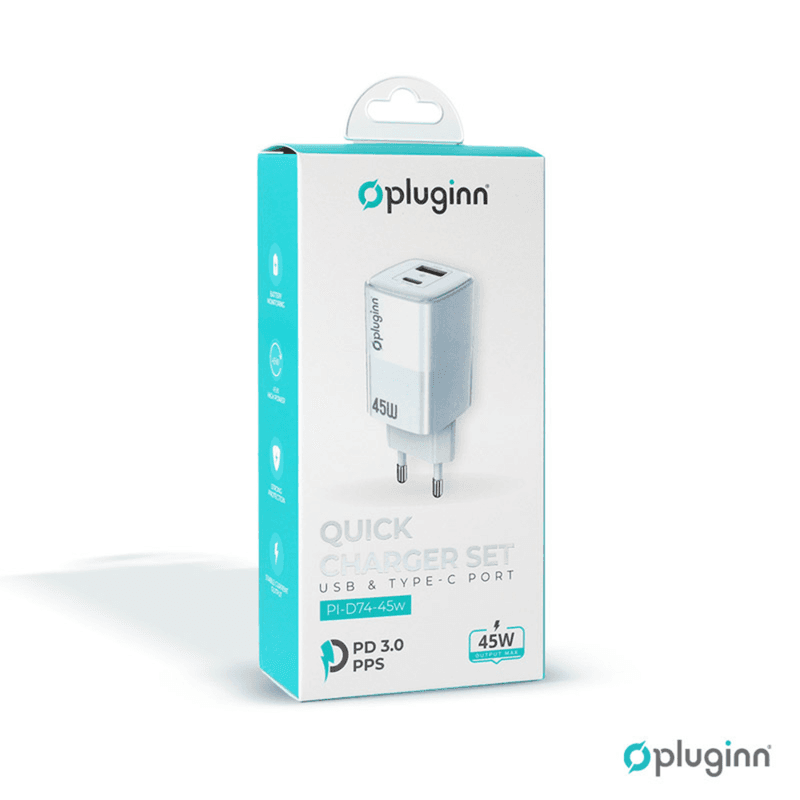 Pluginn PI-D74 Kućni punjač, 45W, PD+USB, Tip-C, Bijeli