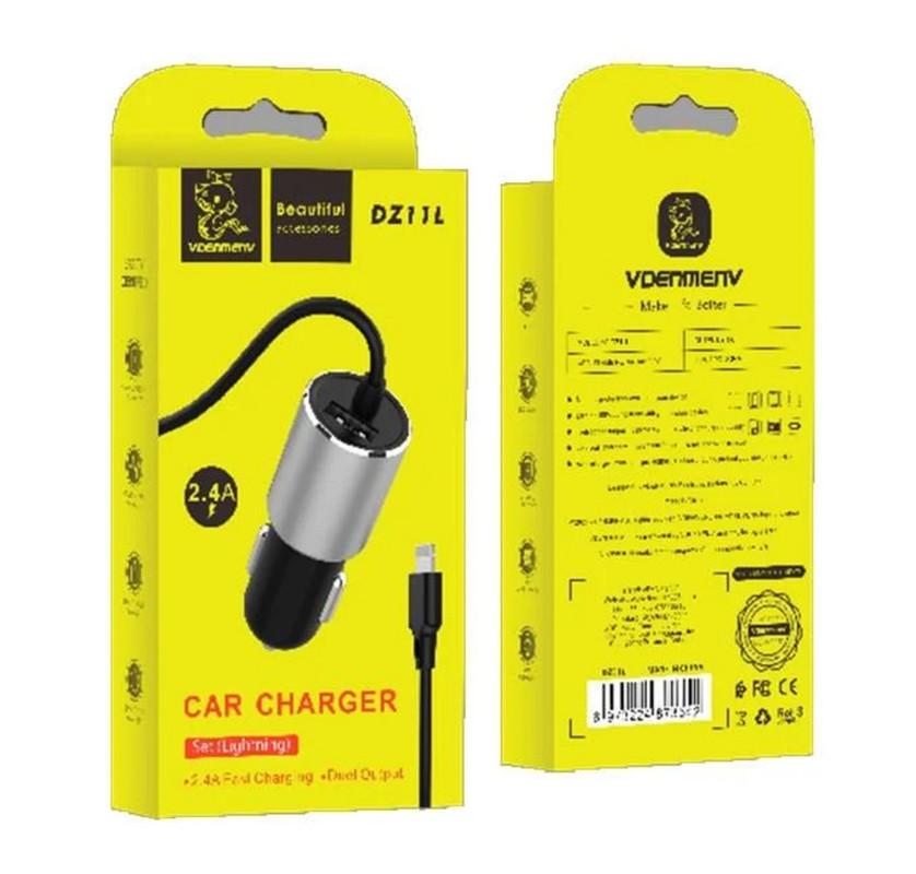Denmen DZ11L Auto punjač, Lightning, 2.4A, 12W, Crni