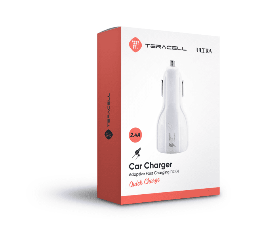 Teracell Ultra DC01 Auto punjač, 2.4A, iPhone kabl, Bijeli
