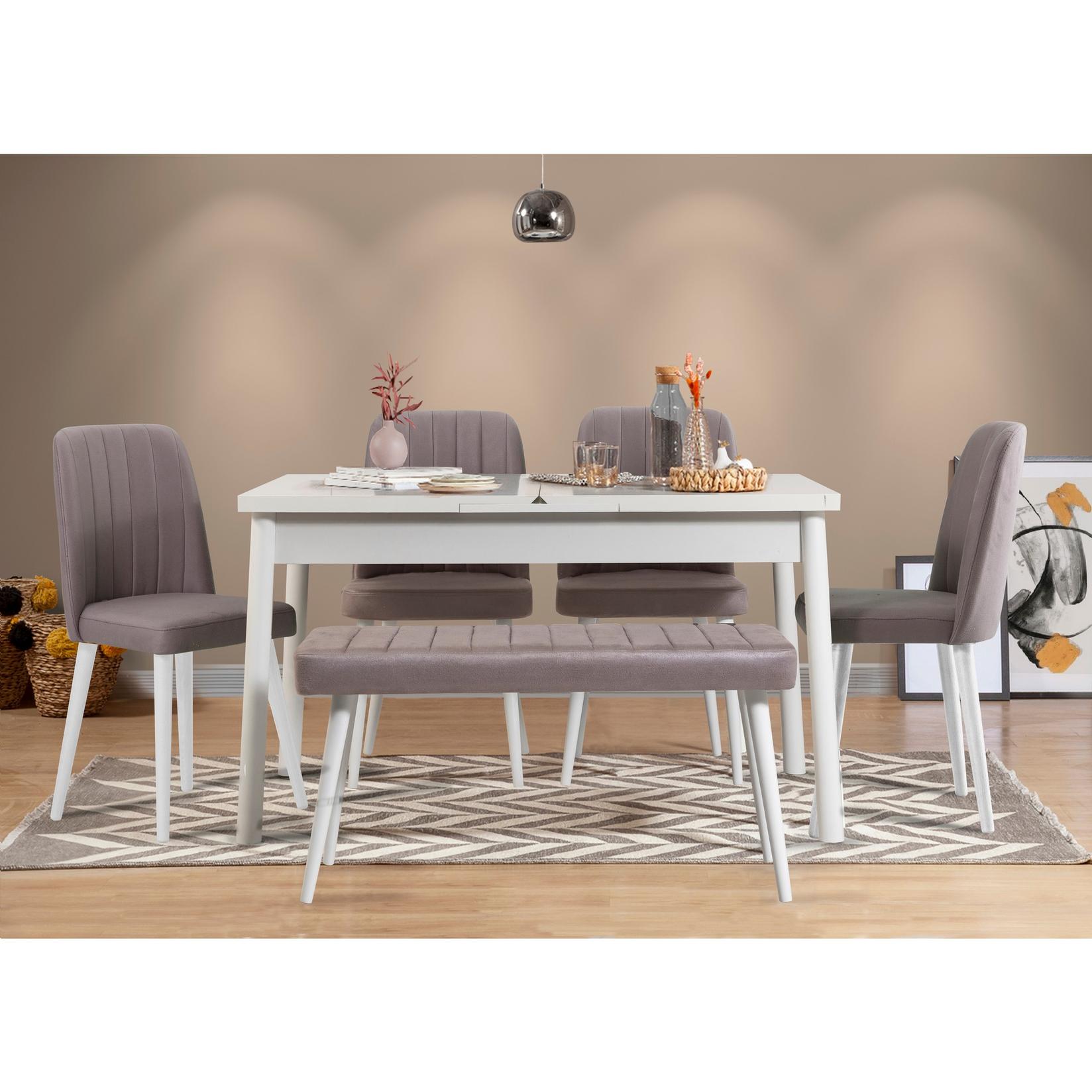 Hanah Home Set trpezarijski sto, 4 trpezarijske stolice i klupa Santiago Grey Bijelo-Sivi