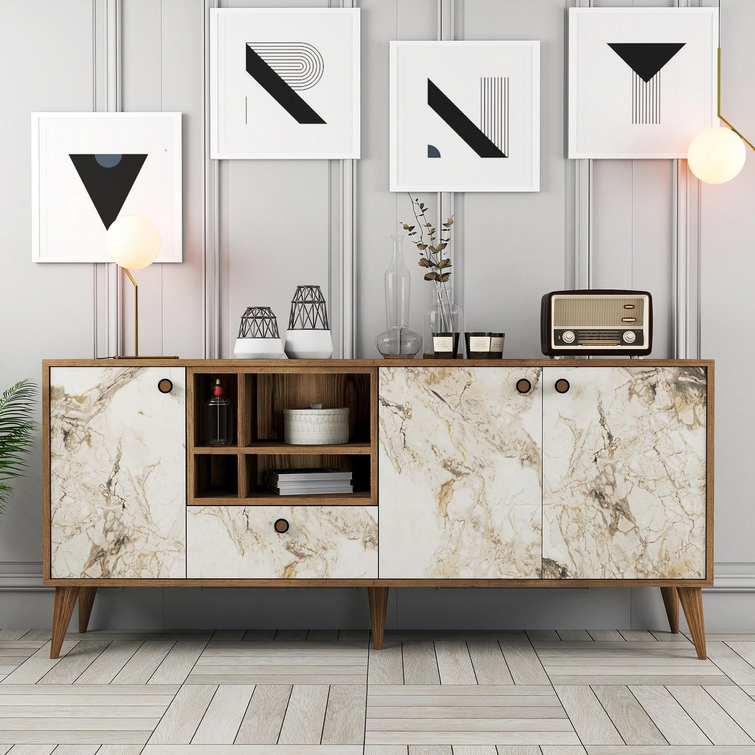 Hanah Home Komoda Napoli 180x81x35cm Bijeli mermer-Bež