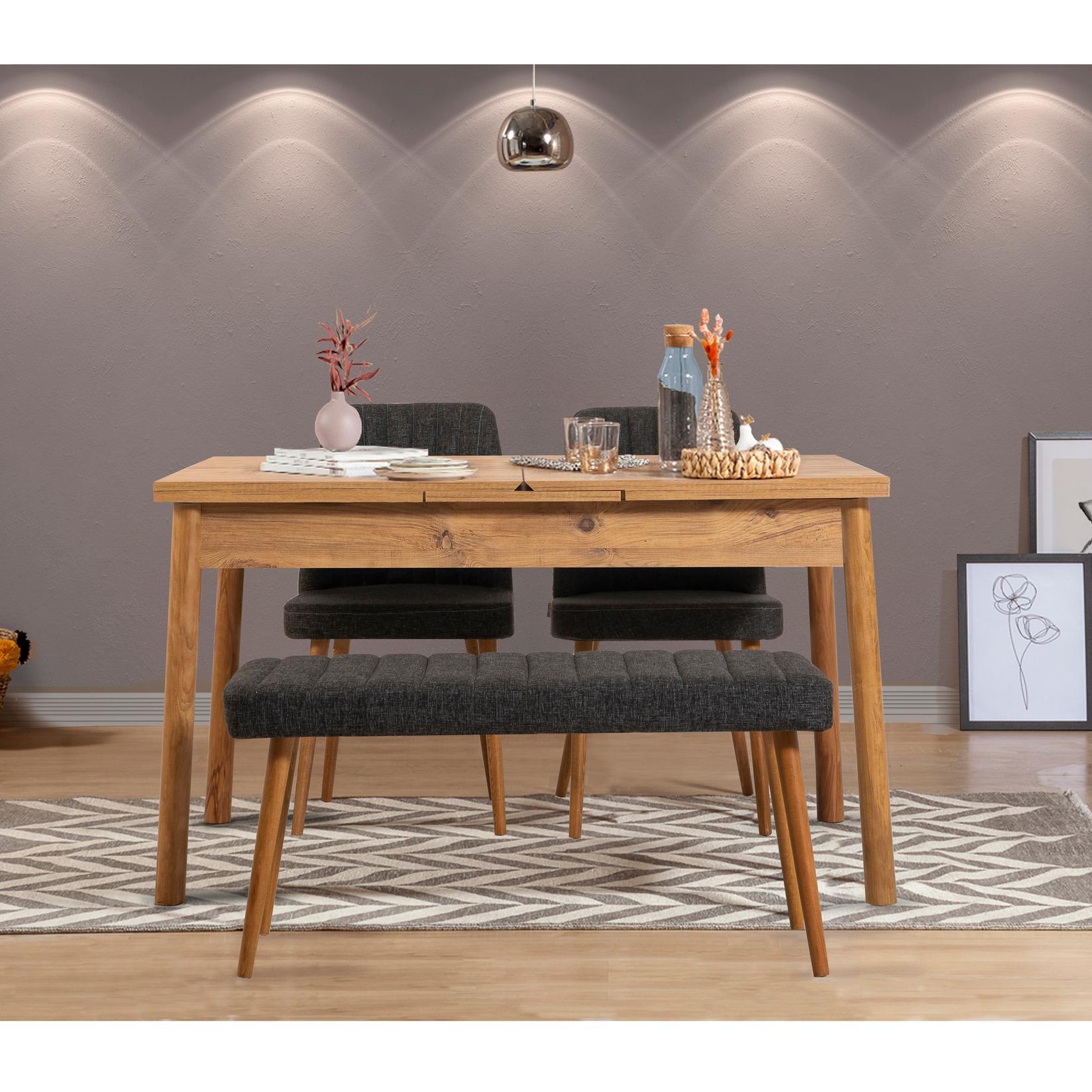Hanah Home Set trpezarijski sto, 2 trpezarijske stolice i klupa Santiago Bež-Antracit