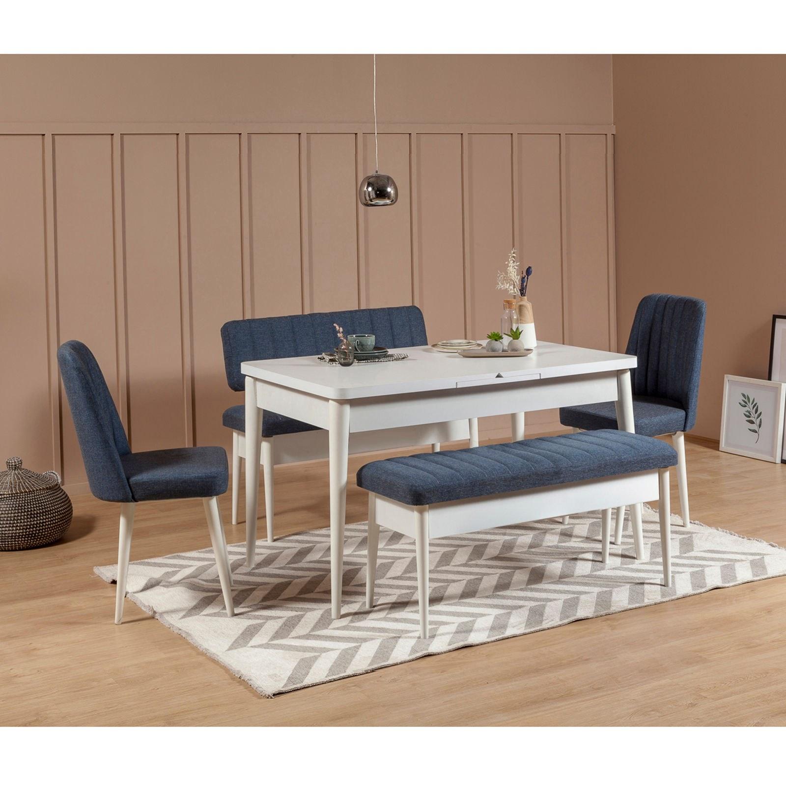 Hanah Home Set trpezarijski sto, 2 trpezarijske stolice i 2 klupe Vina Bijelo-Tamnoplavi