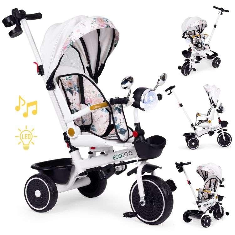 Eco Toys Tricikl Za Djecu Sa Rotirajućim Sjedištem, Gurajućim Rukohvatom I Tendom, Bijela