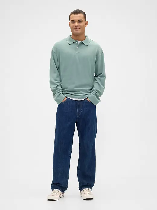 Gap Muška Polo majica dugih rukava Boxy Stretch Pique, Zelena