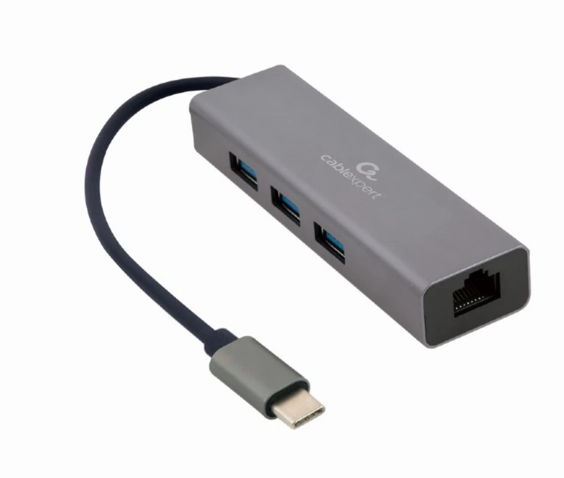 Gembird USB-C Gigabitni mrežni adapter sa 3-portnim USB 3.1 čvorištem, Sivi