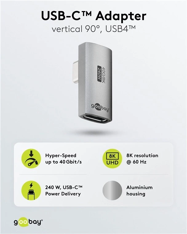 Goobay USB-C™ adapter vertikalno rotiran za 90°USB4™, Srebrna boja