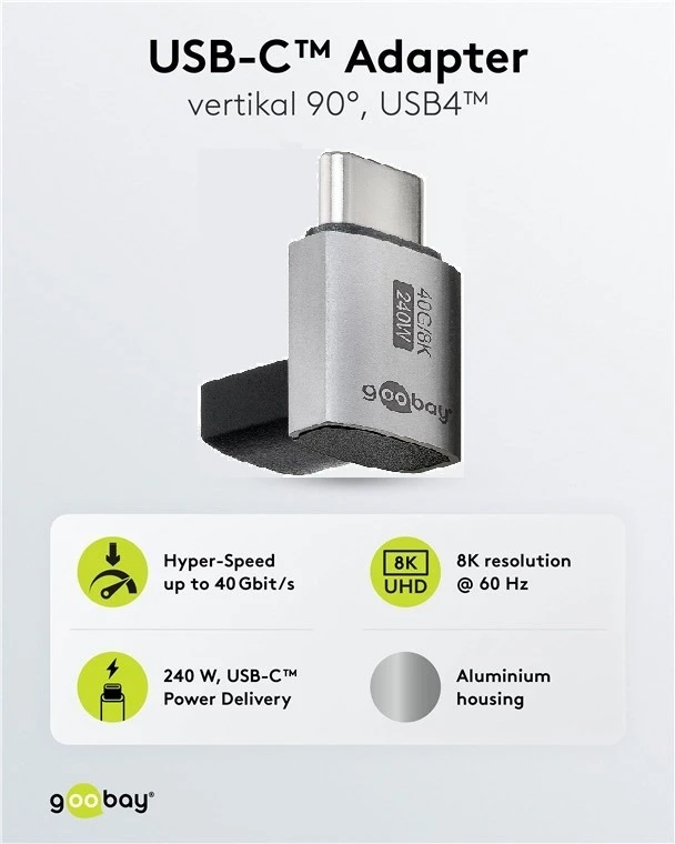 Goobay USB-C™ adapter vertikalni 90° kraćiUSB4™, Srebrna boja